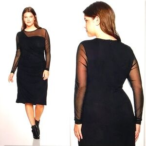 REBEL WILSON Wrap Midi Dress with Ruching and Mesh Black Women’s Plus Size 3X